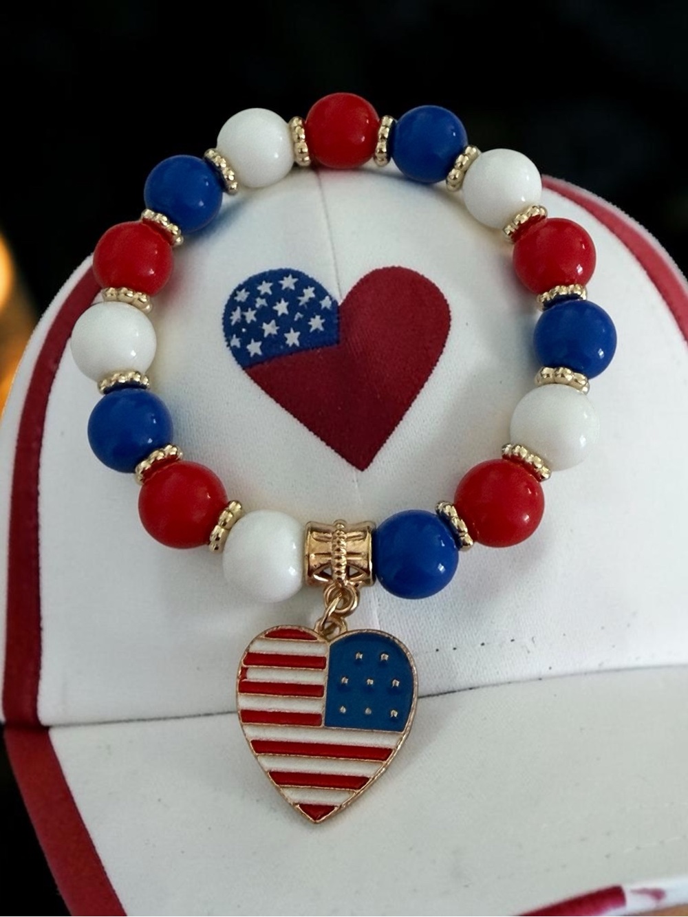 Patriotic Heart Charm Beaded Bracelet - Red White Blue